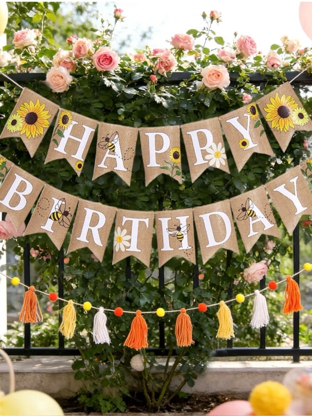 Happy Birthday Burlap Pennant Banner Sign Sunflower and Bumble Bee Theme
